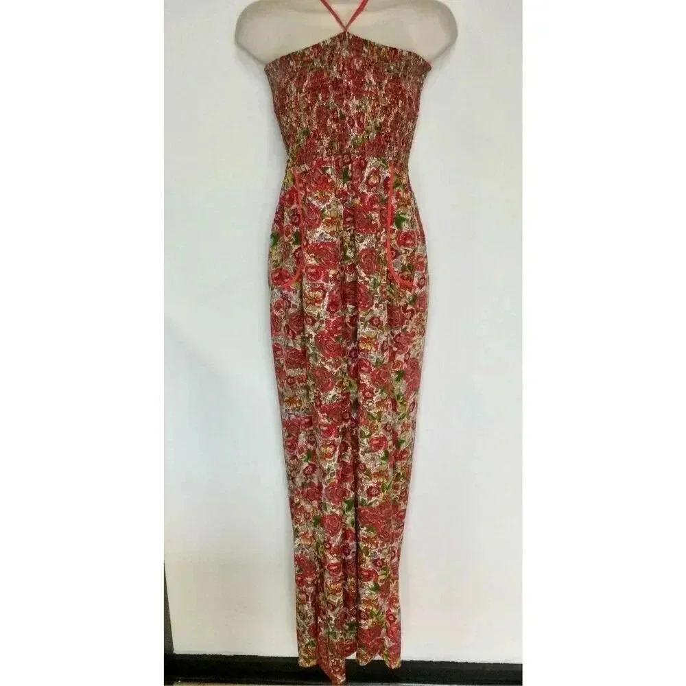 Band and of Gypsies Womens Red Floral Smocked‎ Lined Jumpsuit Size Medium